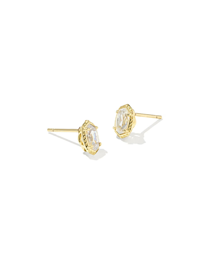 Min Ellie Luxe Stud Gold earrings with a marquise-cut clear stone in a decorative prong setting.