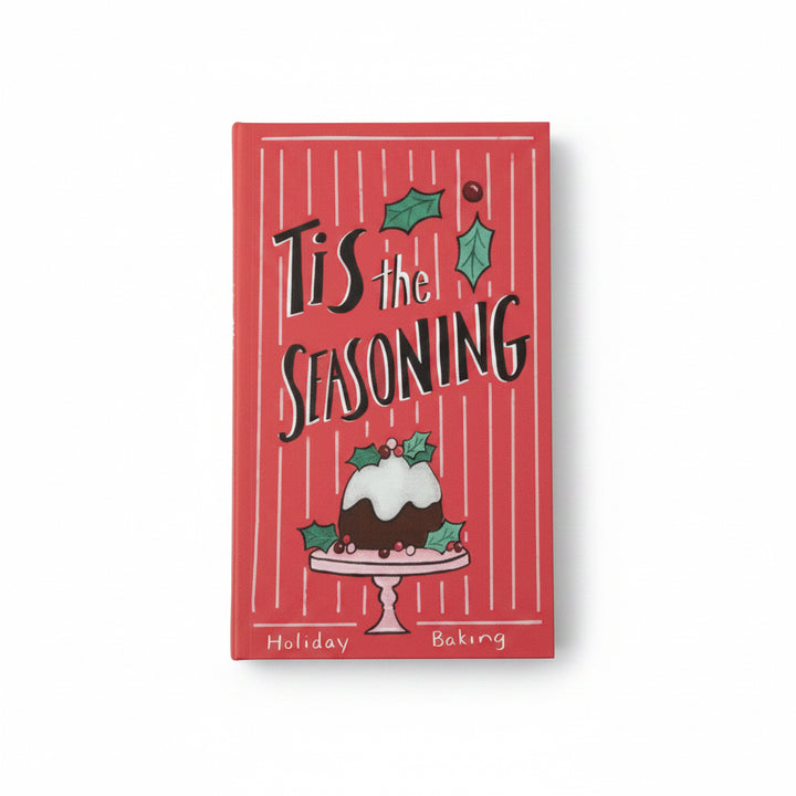 Red rectangular canvas book storage box with multicolor stripes, Christmas pudding illustration, and “’Tis the Seasoning, Holiday Baking” text.