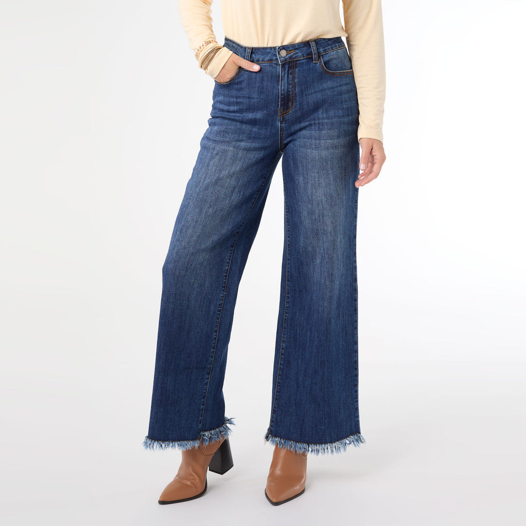 Bambi Soft Wide Leg Jeans With Fringe in blue, raw frayed hems, front and back pockets. Available in sizes 24-32.