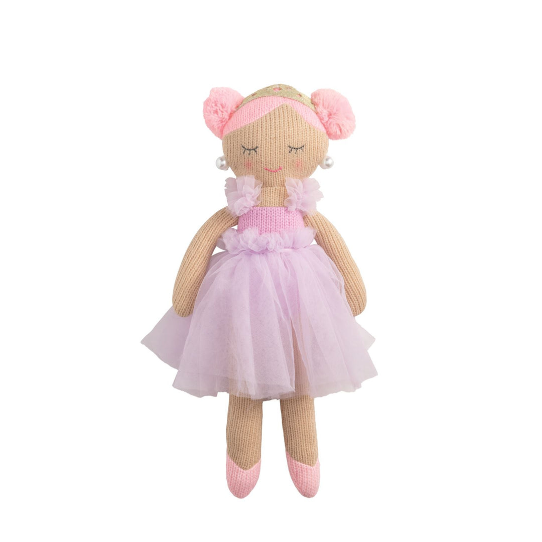 Princess Knit Doll with pink hair buns, headband, frilly tulle dress, and ballet shoes with closed eyes. Available in 12″ and 18″ sizes.