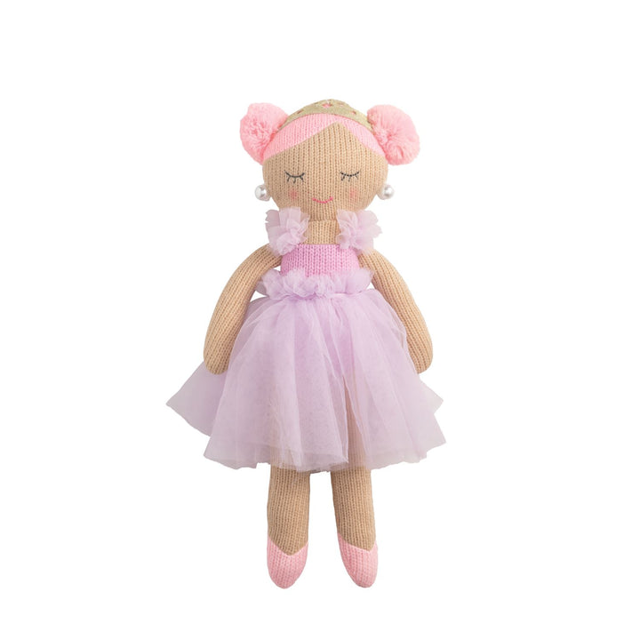Princess Knit Doll with pink hair buns, headband, frilly tulle dress, and ballet shoes with closed eyes. Available in 12″ and 18″ sizes.