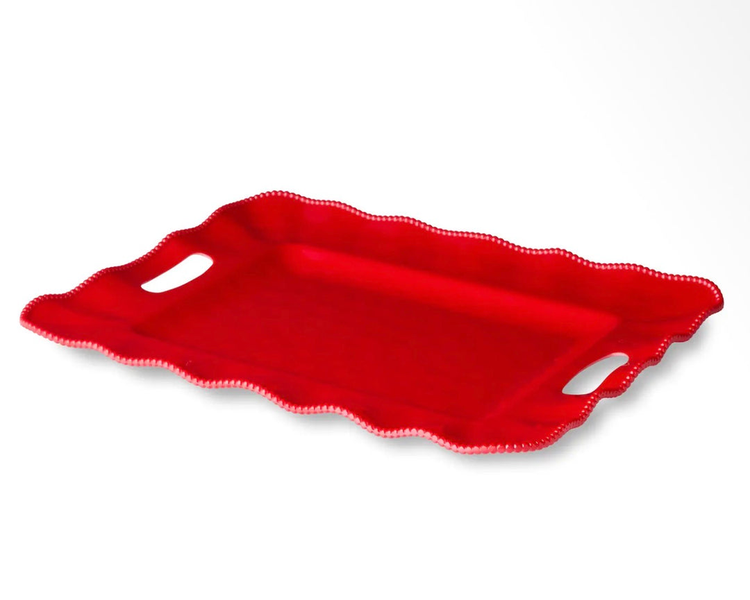 Red Perlette Platter, a rectangular red tray with scalloped, beaded edge and side handles.