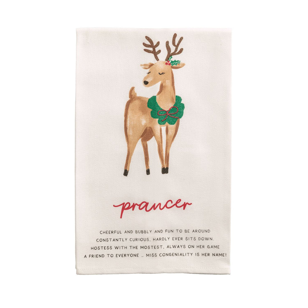 Off-white Santa’s Reindeer Poem hand towel featuring a watercolor illustration of Prancer with a green wreath, his name, and a printed poem.
