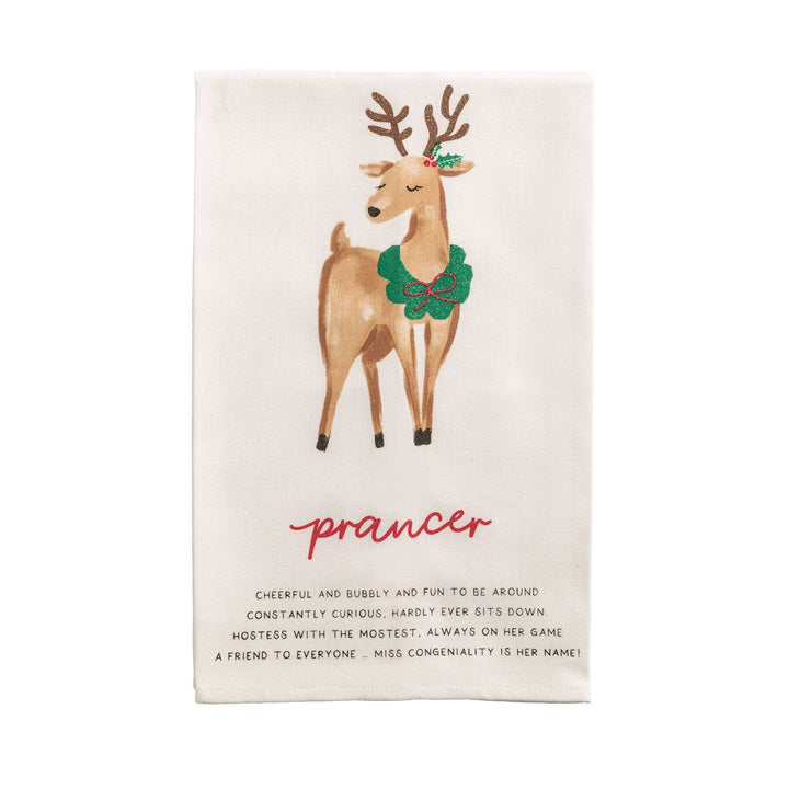 Off-white Santa’s Reindeer Poem hand towel featuring a watercolor illustration of Prancer with a green wreath, his name, and a printed poem.