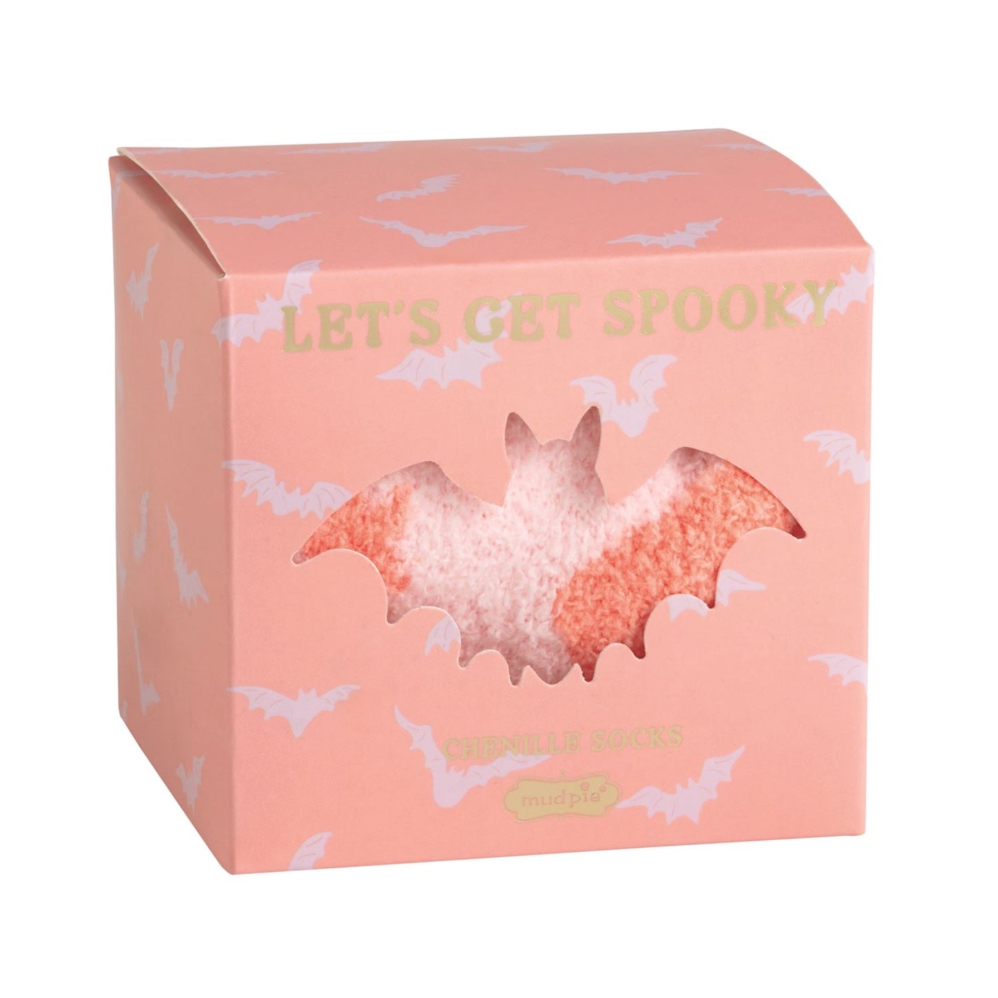 Pink box with bat details and window displays "CHENILLE SOCKS" with "LET'S GET SPOOKY." Sizes: S/M, M/L.