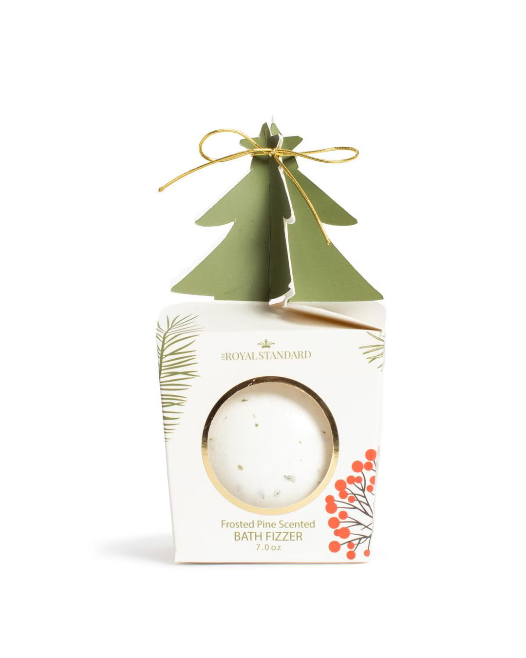Round white Winter Fir Bath Fizzer in a decorative box with a green paper Christmas tree and gold string.