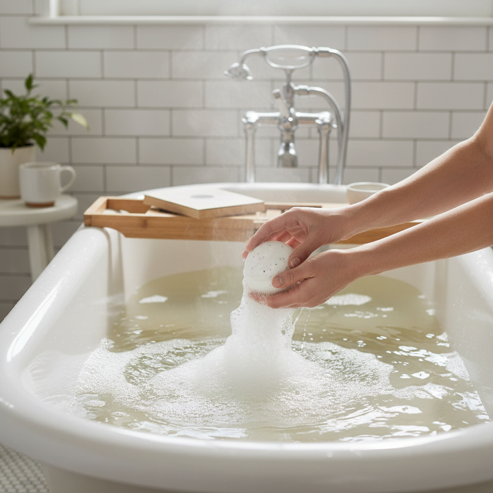 Winter Fir Bath Fizzer creating holiday bath bomb foam.