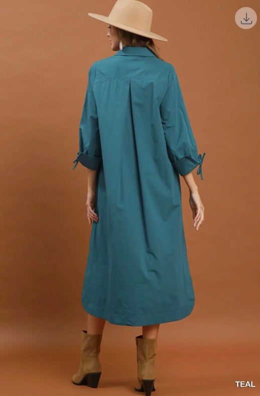 Teal Collared Button Detail Relaxed Midi Dress, sizes XS–XL, with relaxed fit and button details.