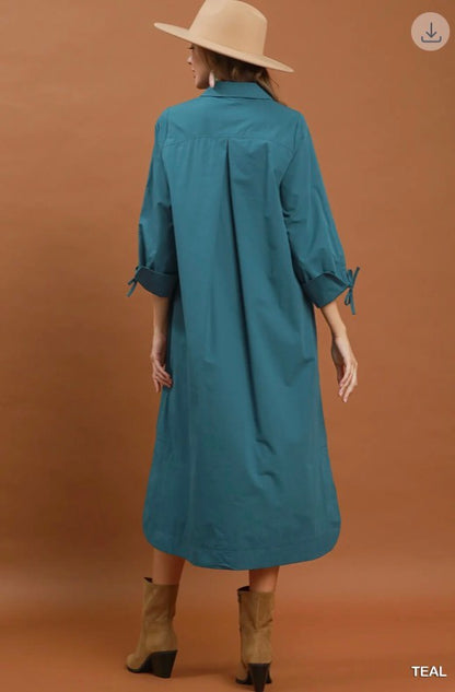 Teal Collared Button Detail Relaxed Midi Dress, sizes XS–XL, with relaxed fit and button details.