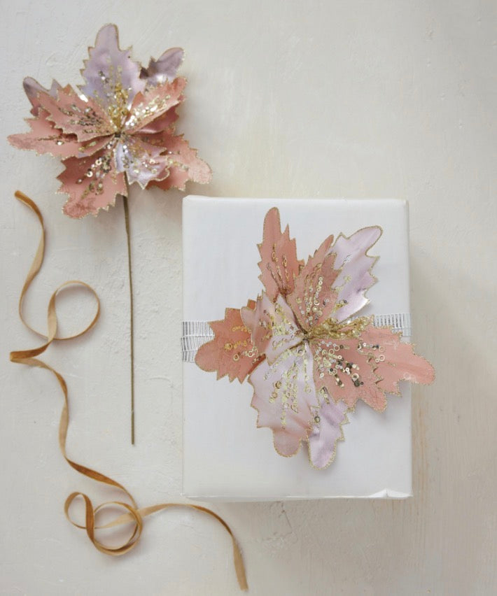 Rose Gold Floral Pick with glittered petals and thin wire stem.