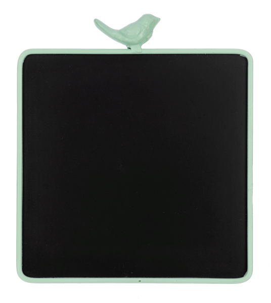 Square black chalkboard with light green frame and bird on top; available in small, medium, and large sizes.