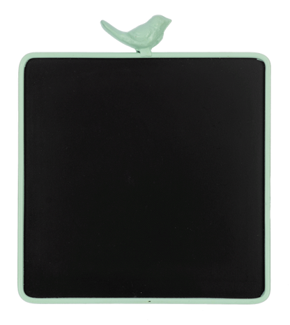Square black chalkboard with light green frame and bird on top; available in small, medium, and large sizes.