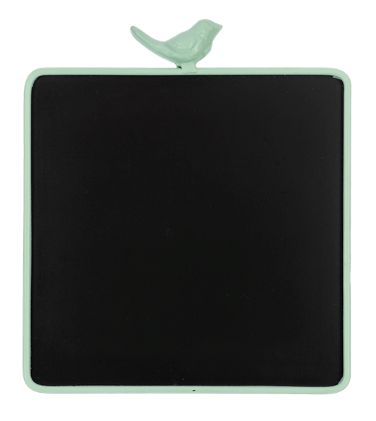 Square black chalkboard with light green frame and bird on top; available in small, medium, and large sizes.