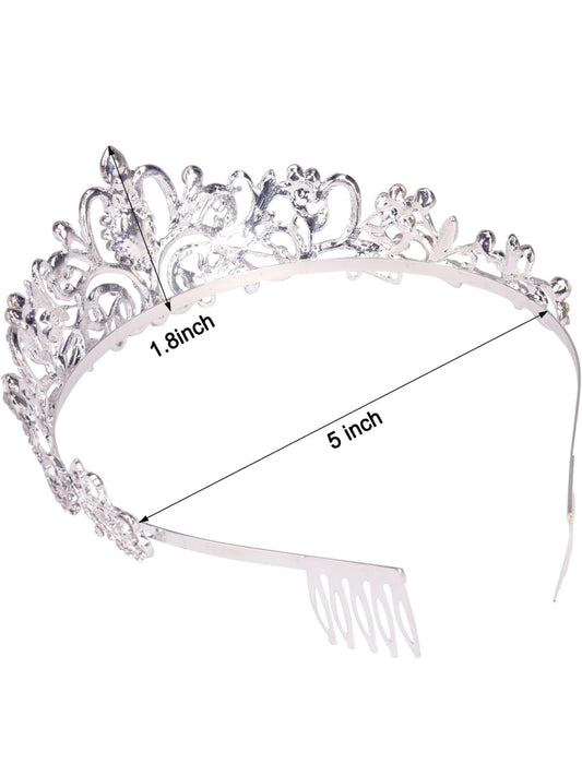 Didder Silver Crystal Tiara with swirl and heart design; 1.8" tall, 5" wide. Only this size available.