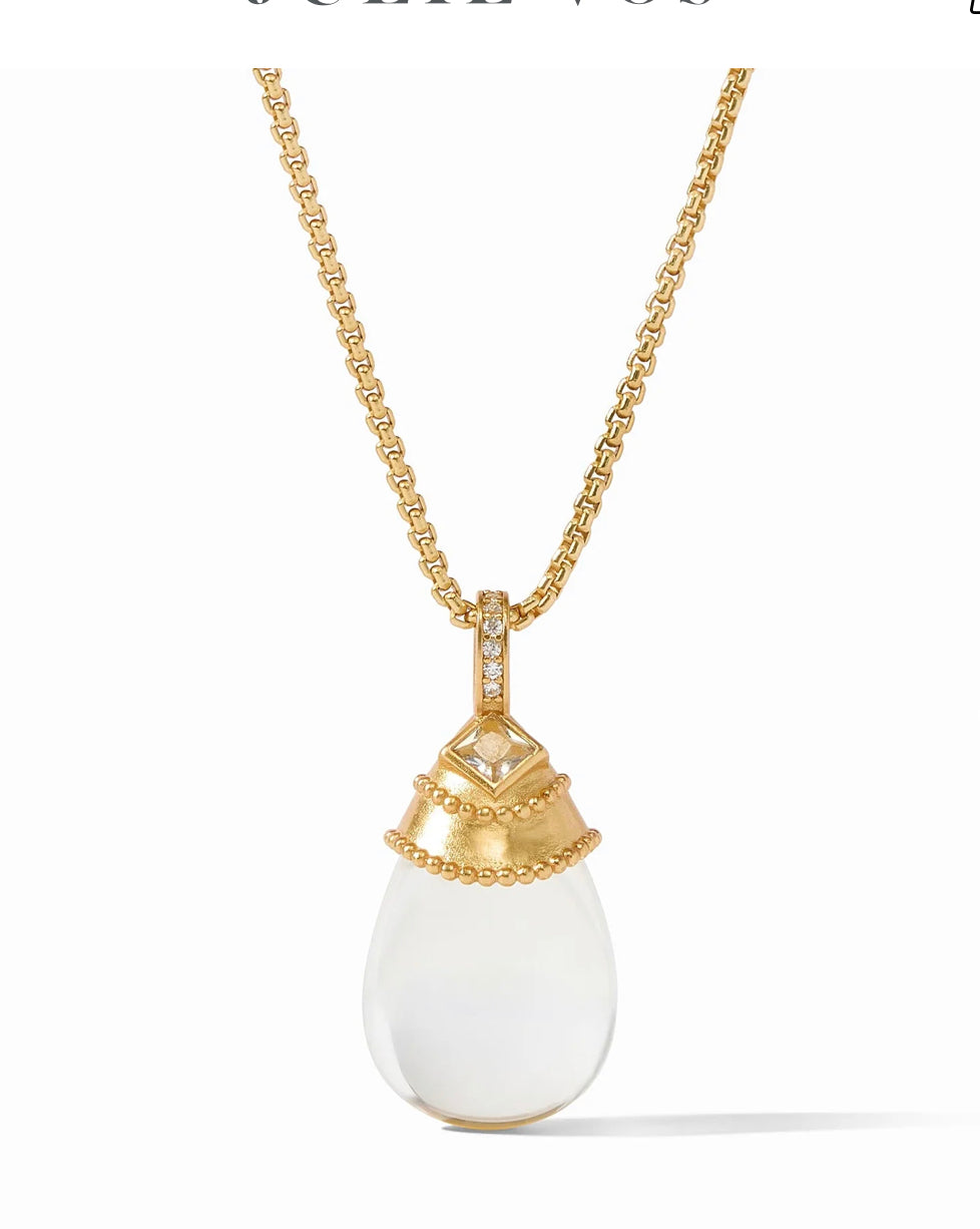 24K gold plated chain with teardrop clear crystal pendant, gold cap, cubic zirconia. Available in multiple sizes.