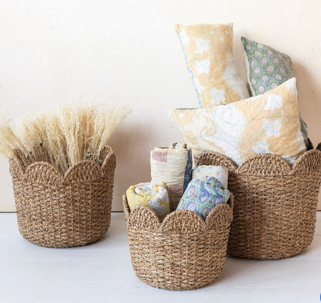 Braided Bankuan & Rattan Baskets with Scalloped Edge