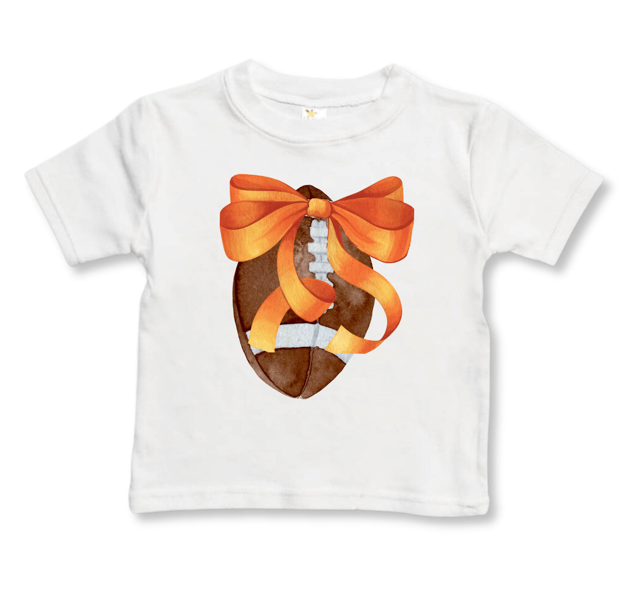 Toddler girls' football T-shirt, orange ribbon and bow graphic; sizes 2T–5T.