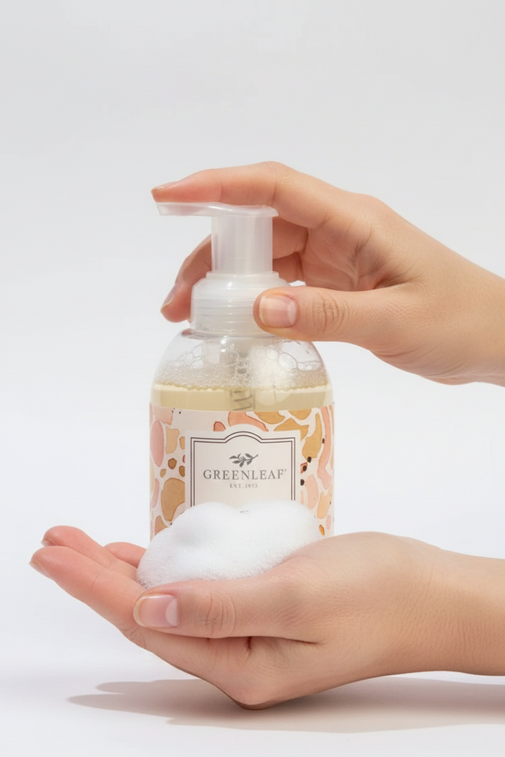 Greenleaf Cashmere Kiss Foaming Hand Soap bottle. Gentle cleanser. Available in 9.25 oz size.