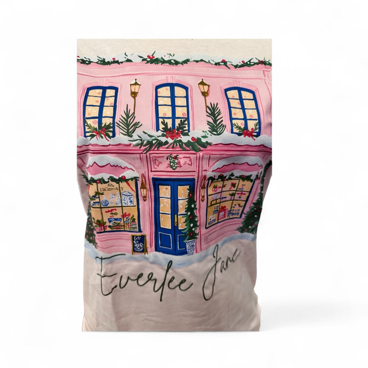 Pink Store Everlee Jane T-shirt with festive pink shop graphic, "Everlee Jane" signature; sizes: S, M, L, XL, XXL.