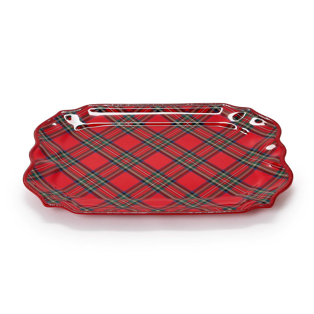 Tartan Traditions Melamine Platter: rectangular holiday serving platter, scalloped edge, red/green/white tartan plaid.