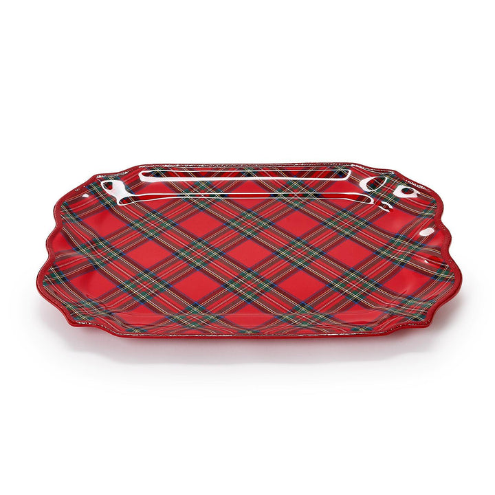 Tartan Traditions Melamine Platter: rectangular holiday serving platter, scalloped edge, red/green/white tartan plaid.