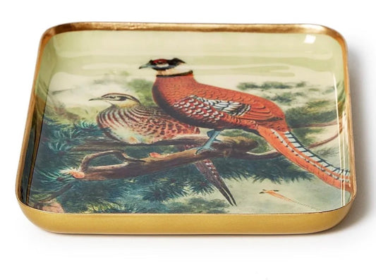 Pheasant Metal Trinket/Desk Tray: square metal tray with gold edges and an illustration of two colorful pheasants on a tree branch. Available sizes: [sizes not specified].