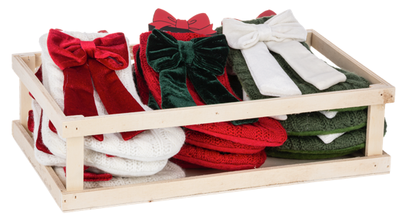 White, red, and green mini Christmas stocking ornaments with large velvet bows.