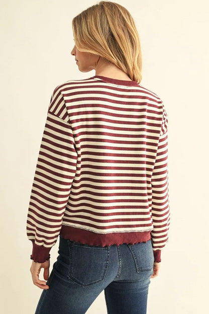 Burgundy Striped Sweatshirt, available in sizes XS-XL.