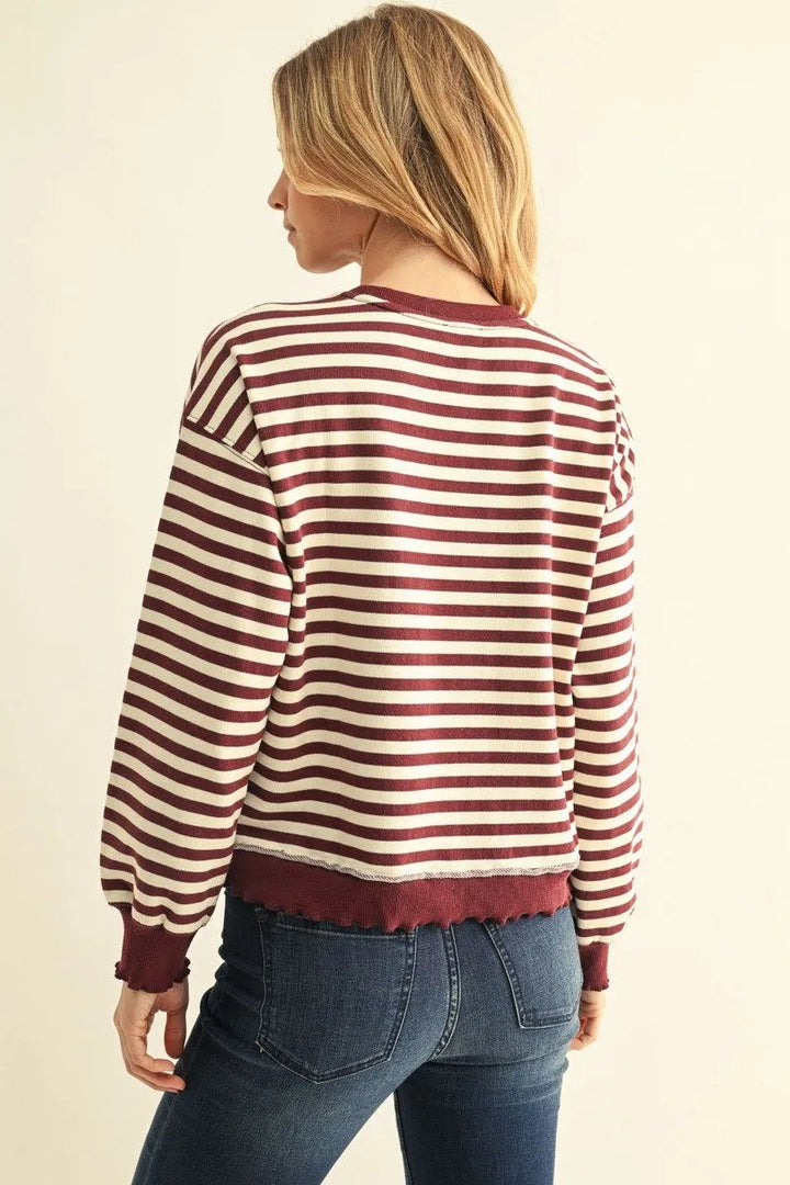 Burgundy Striped Sweatshirt, available in sizes XS-XL.