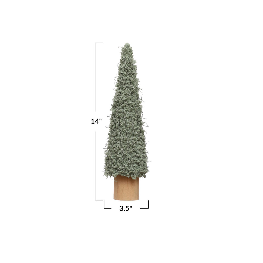 Sage green textured cone-shaped fabric tree with wood base, 14 inches tall and 3.5 inches wide.