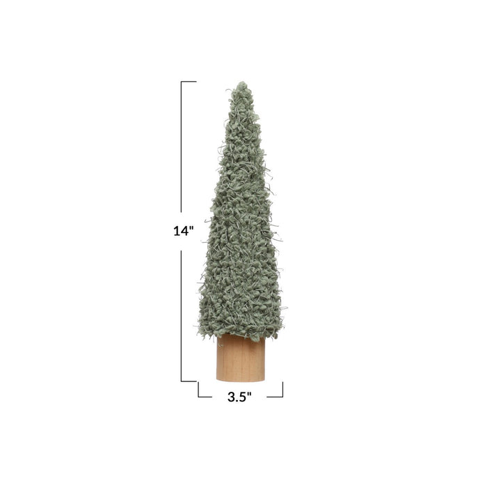 Sage green textured cone-shaped fabric tree with wood base, 14 inches tall and 3.5 inches wide.