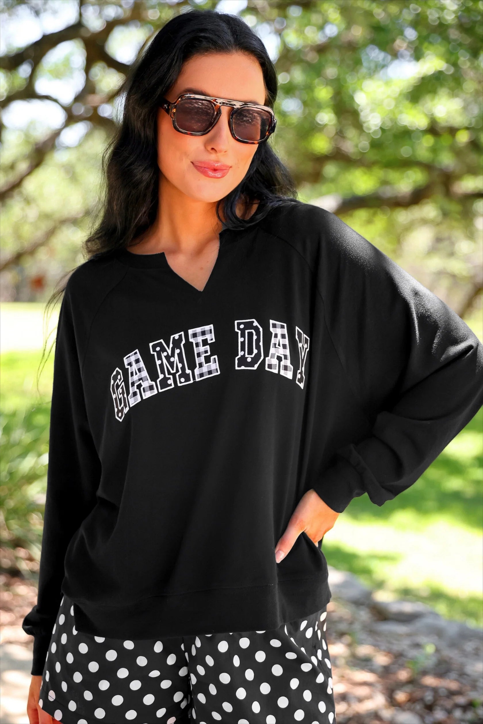 Game Day French Terry Pullover with “GAME DAY” print, available in sizes XS–XL.