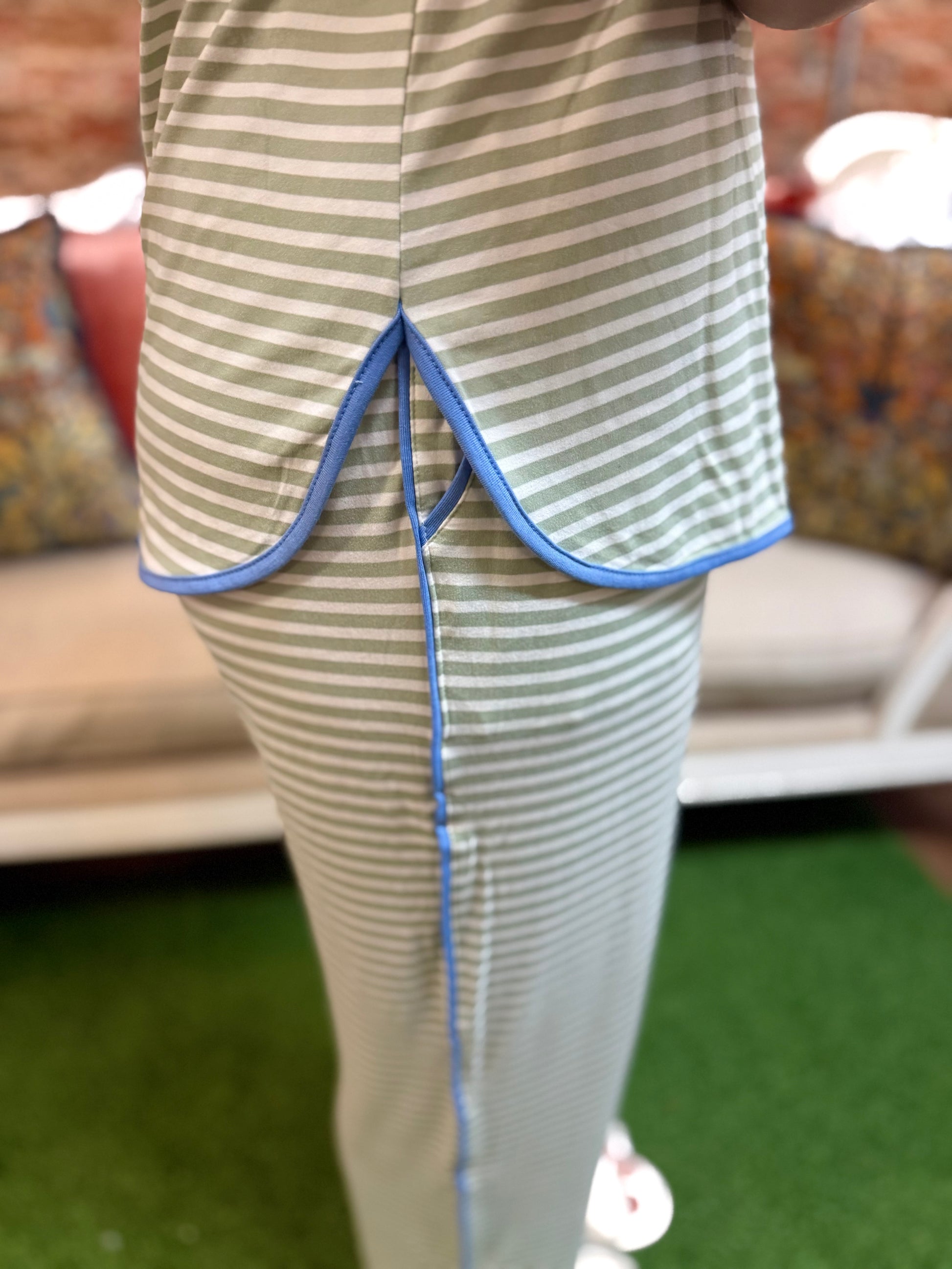 Melody Green Stripe Pants Set featuring relaxed-fit pants with side slit and piping detail; available in sizes XS-XL.