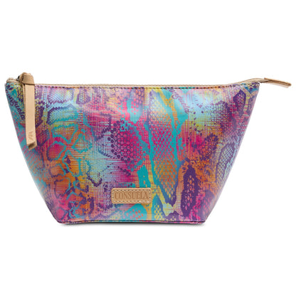 Colorful zippered bag with purple, pink, blue, and yellow snakeskin pattern. Tan leather pull, "Consuela" label. Multiple sizes.