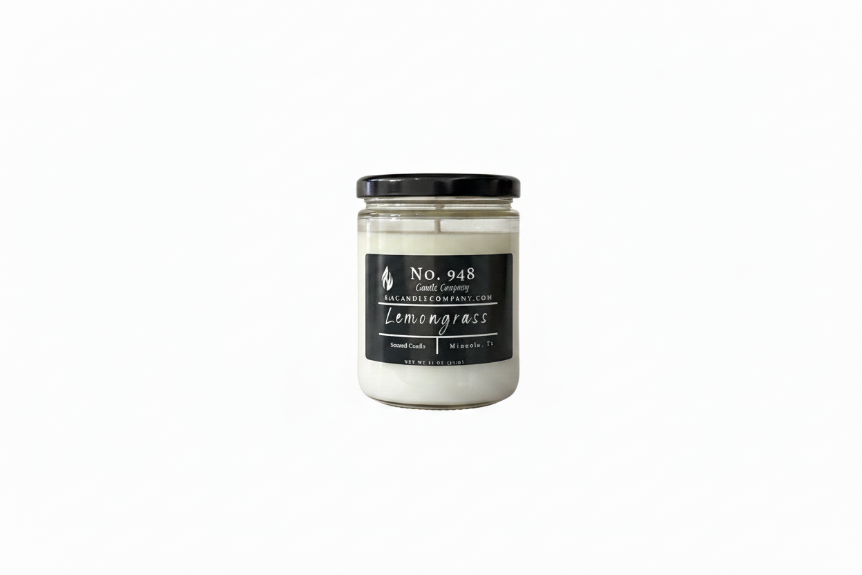 11 oz Lemongrass candle in a glass jar with black lid and “No. 948 Lemongrass” label; scented, white wax. Available size: 11 oz.