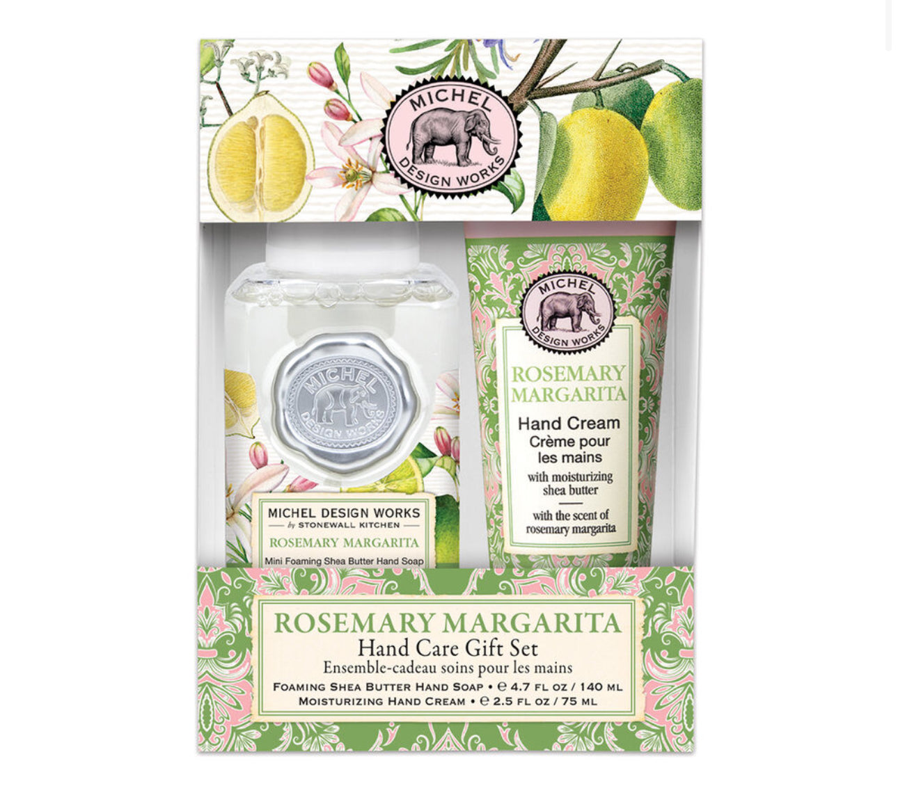 The Rosemary & Margarita Hand Care Gift Set from Michel Design Works features a mini foaming hand soap with sparkling citrus notes and a moisturizing hand cream. The packaging showcases vintage-style illustrations of lemons, rosemary, and green foliage. Available sizes: Mini.
