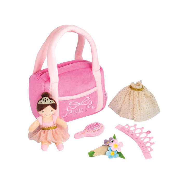 Ballerina Plush Set with ballet bag, cream tutu skirt, flower headband, pink tiara, and small pink brush. Sizes available.