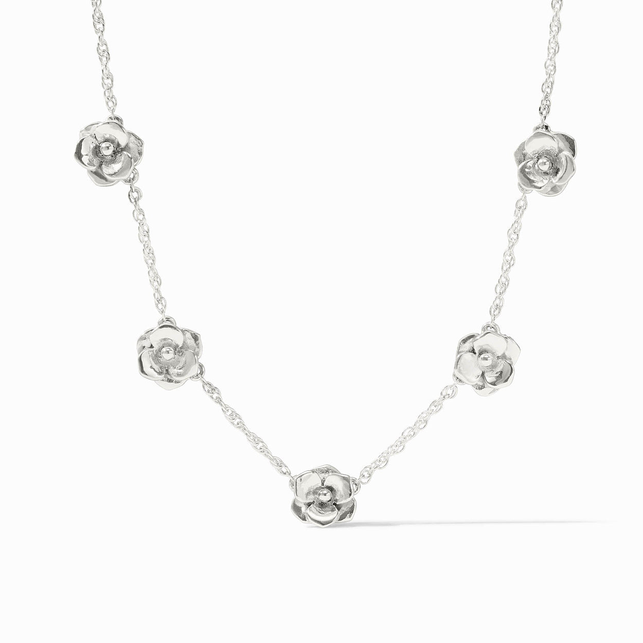 Bloom Delicate Station Necklace: five rose-shaped charms on thin silver plate chain, adjustable; sizes available: S, M, L.