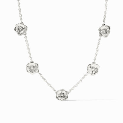 Bloom Delicate Station Necklace: five rose-shaped charms on thin silver plate chain, adjustable; sizes available: S, M, L.
