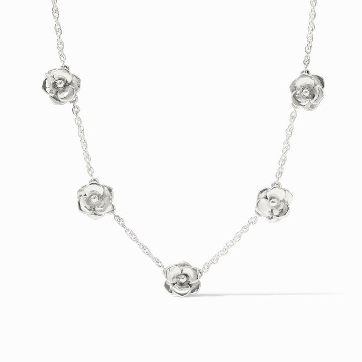 Bloom Delicate Station Necklace: five rose-shaped charms on thin silver plate chain, adjustable; sizes available: S, M, L.
