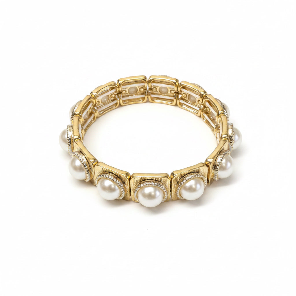 Gama Gold Pearl Stretch Bracelet with square links, each featuring a large round pearl bead and small clear gemstones. Available sizes: S, M, L.