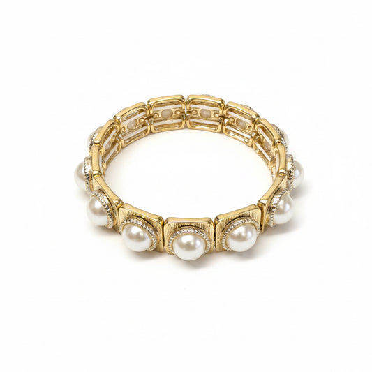Gama Gold Pearl Stretch Bracelet with square links, each featuring a large round pearl bead and small clear gemstones. Available sizes: S, M, L.