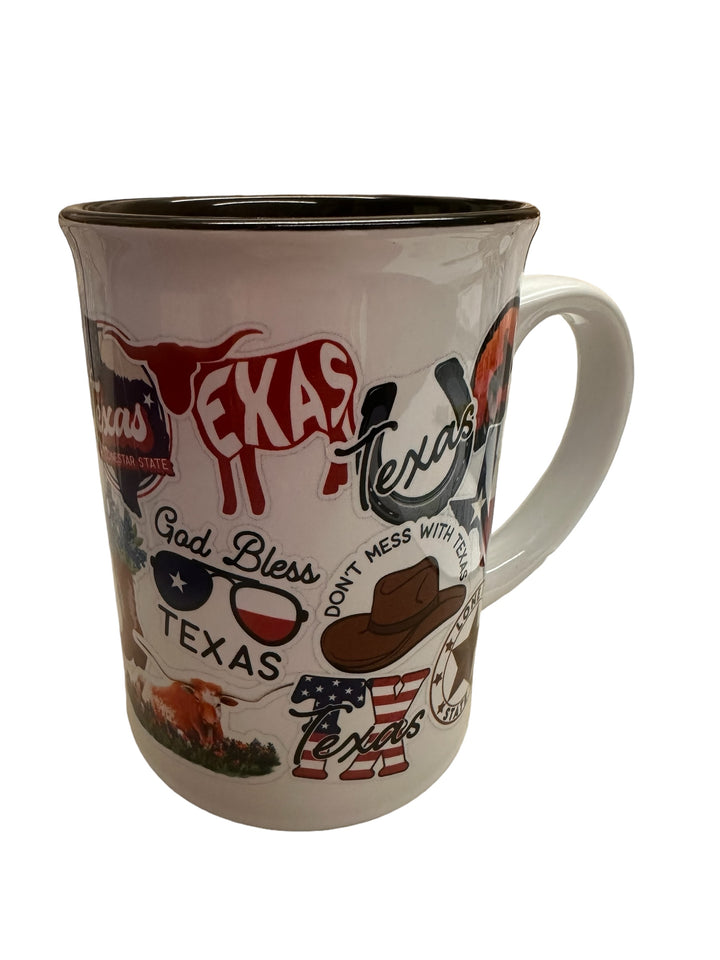 White ceramic mug with Texas-themed graphics and phrases. Available in large size.