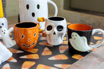Set of three Halloween mugs (jack-o'-lantern, skull, ghost); available in 12 oz and 16 oz sizes.