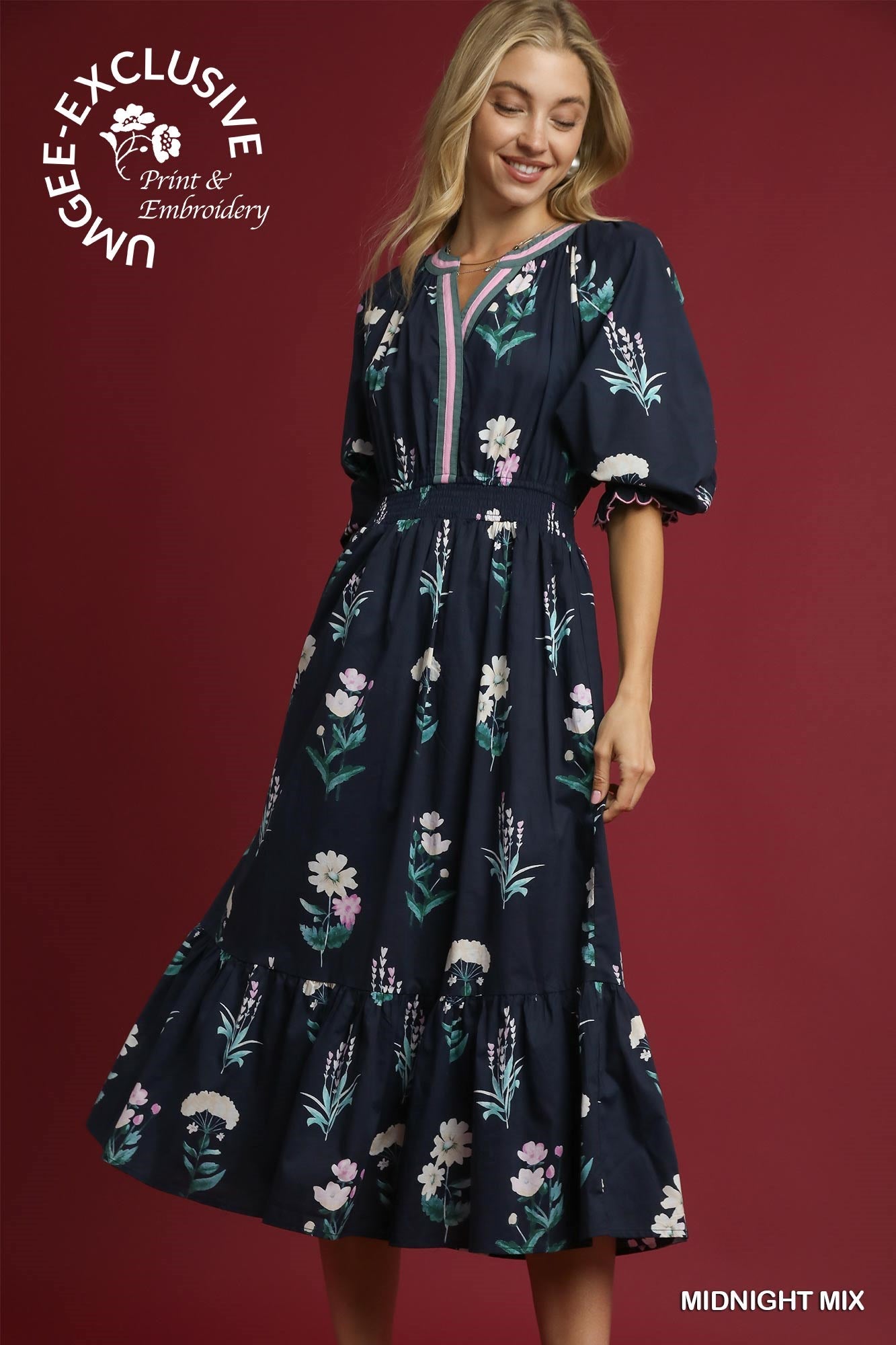 Midnight Floral Mix Dress with puff sleeves, V-neck, ruffled hem. Available in sizes XS-XL. SINGEE EXCLUSIVE Print & Embroidery.