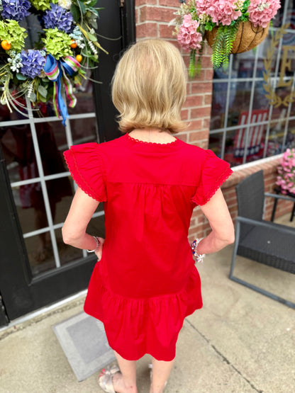 Sierra Red Dress with flutter sleeves and lightweight fabric. Available in sizes XS-XL.