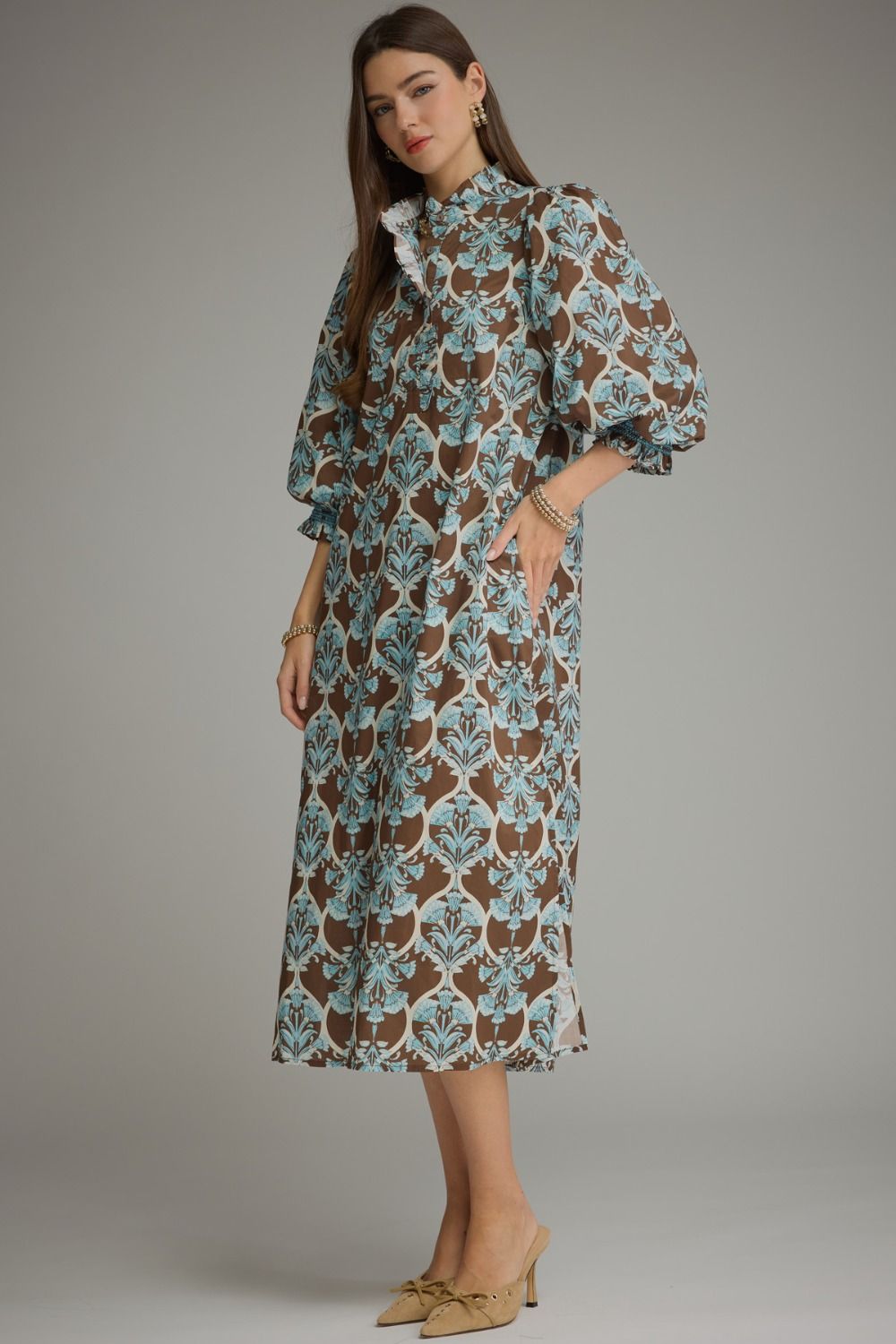 Lena Ruffle Midi Dress in brown and blue floral damask with ruffle collar and balloon sleeves. Sizes available.