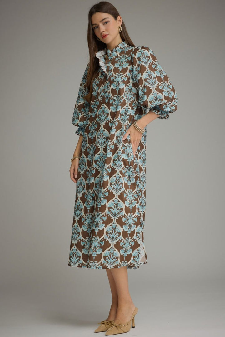 Lena Ruffle Midi Dress in brown and blue floral damask with ruffle collar and balloon sleeves. Sizes available.