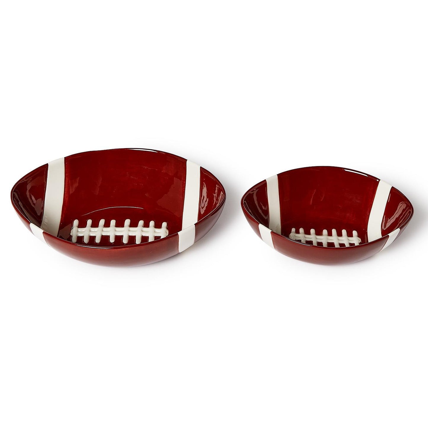 Two red ceramic Football Tidbit Bowls with white football lace and stripe detailing, available in large and small sizes.