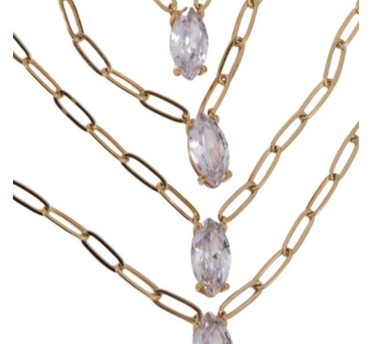 Gold and Diamond Pendant Necklaces featuring marquise-cut gemstones in cascading sizes. Available lengths: 16 inches, 18 inches, 20 inches.